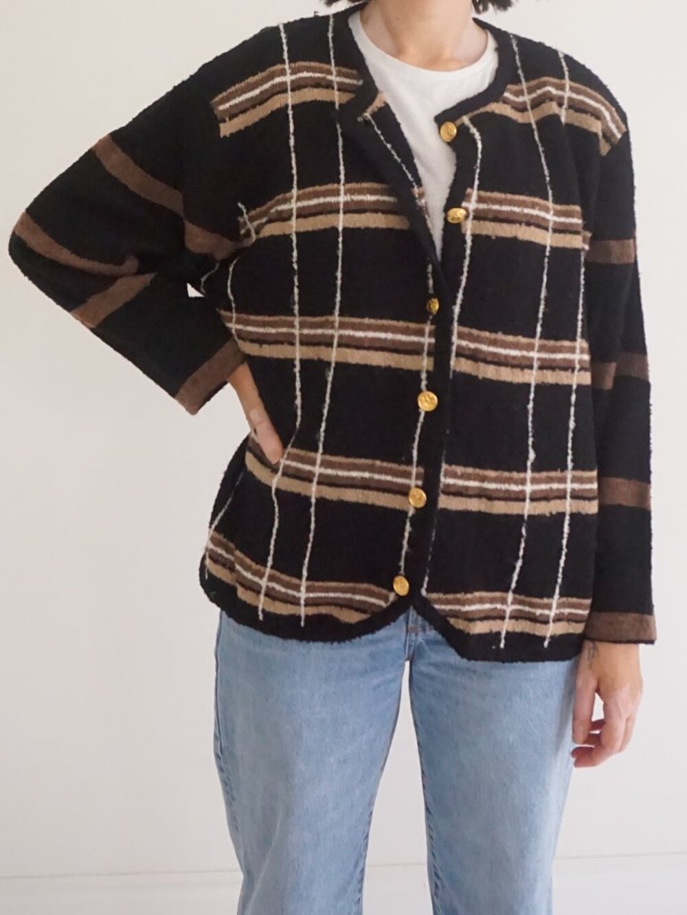 Vintage Segue Black Brown Windowpane Plaid Gold Button Knit Cardigan XL